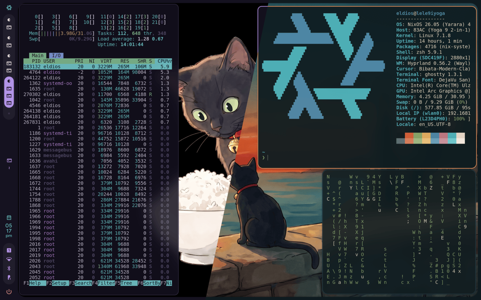 A Linux desktop split diagonally between a violet theme and a sunset theme.